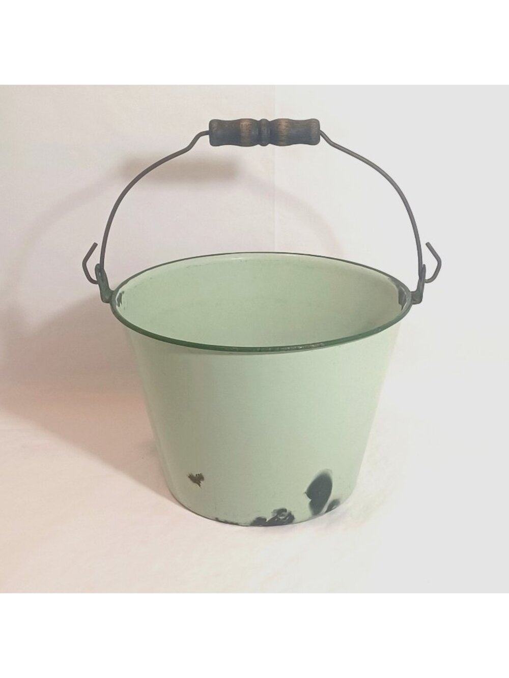 Vtg Green Enamel Bucket Pail w/ Metal Handle Wooden Grip Rustic Farmhouse Decor